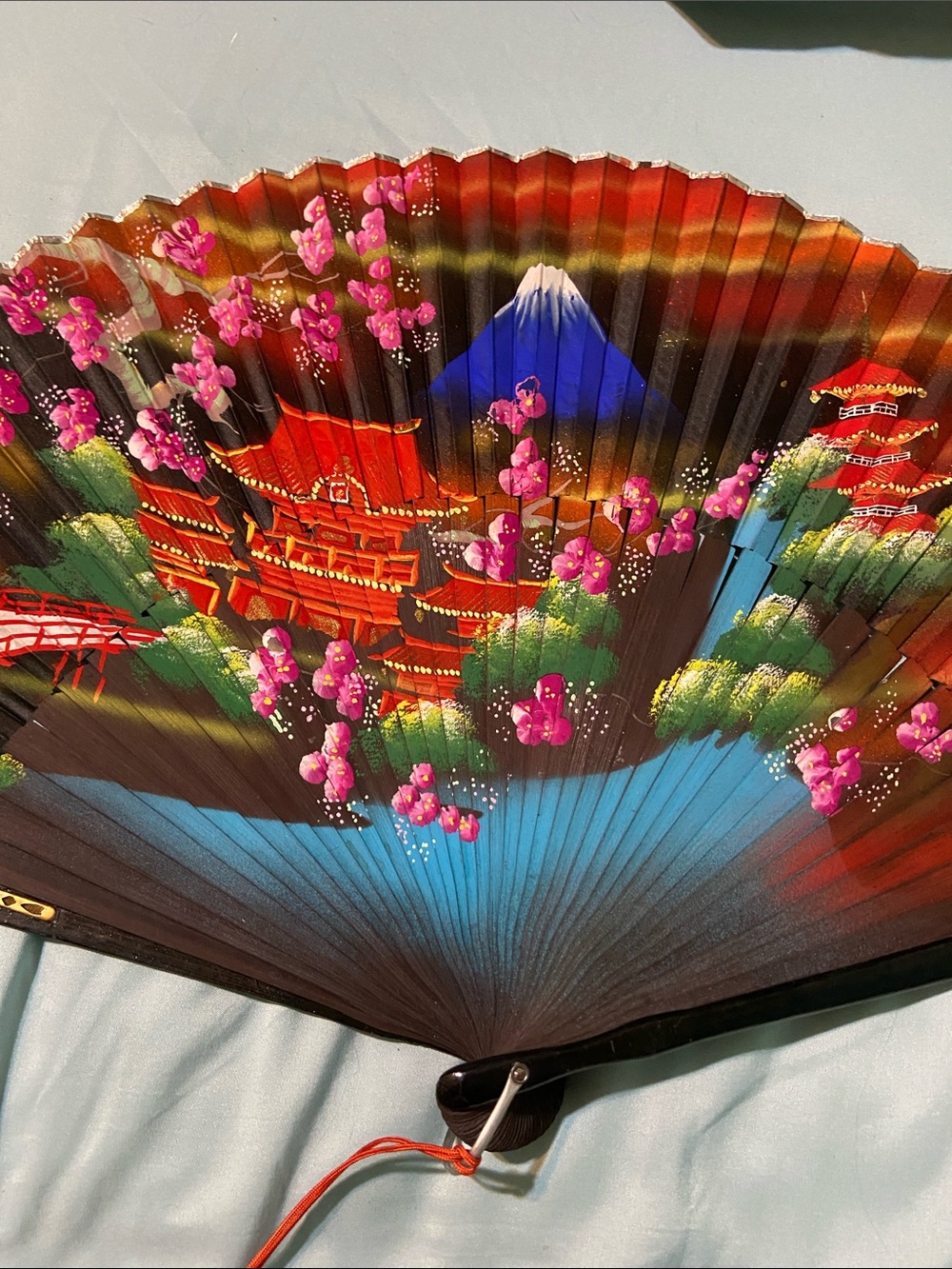 Hand-Painted Folding Fan with Pink Blossoms and Blue Mount Fuji